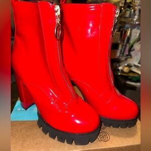 Dolls Kill red patent leather platform booties size 6